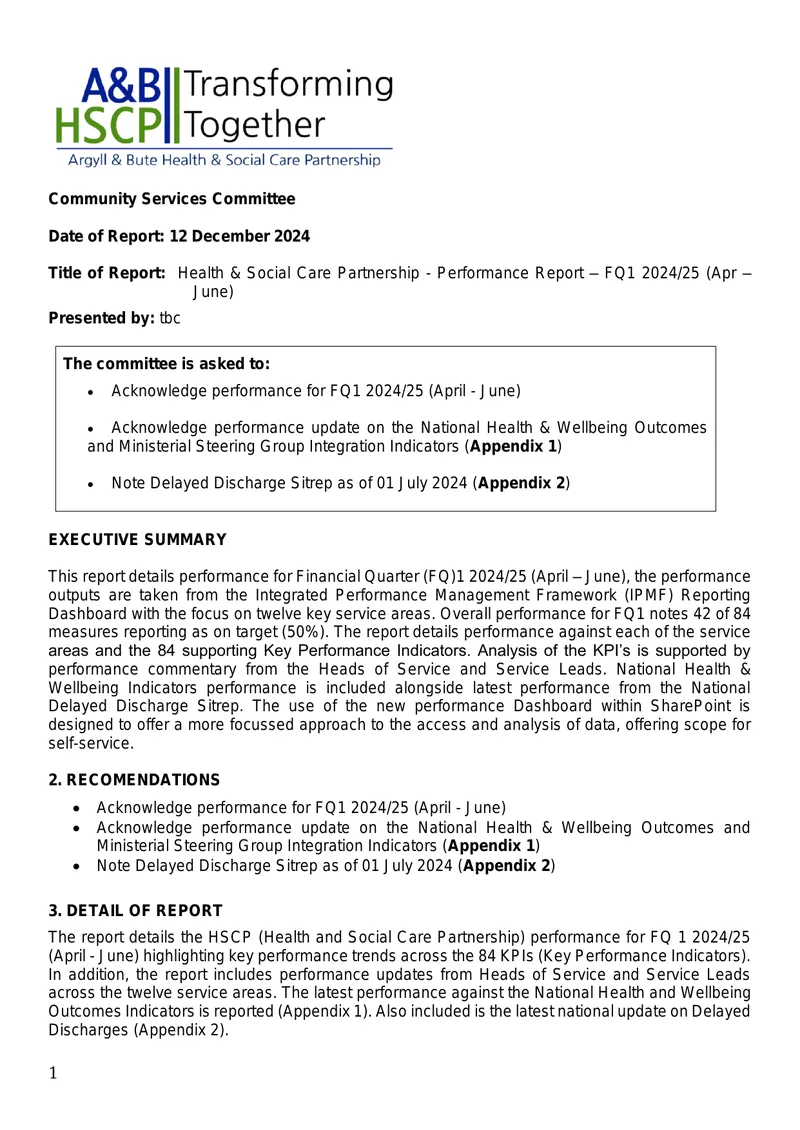 Health and Social Care Partnership Performance Report FQ1 2024/25