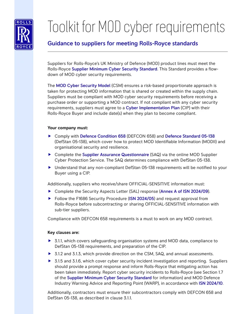 Guidance for Suppliers on Rolls-Royce Cyber Security Standards