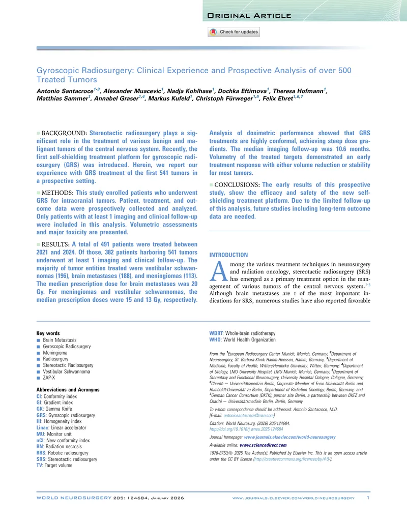 Gyroscopic Radiosurgery Clinical Experience and Analysis