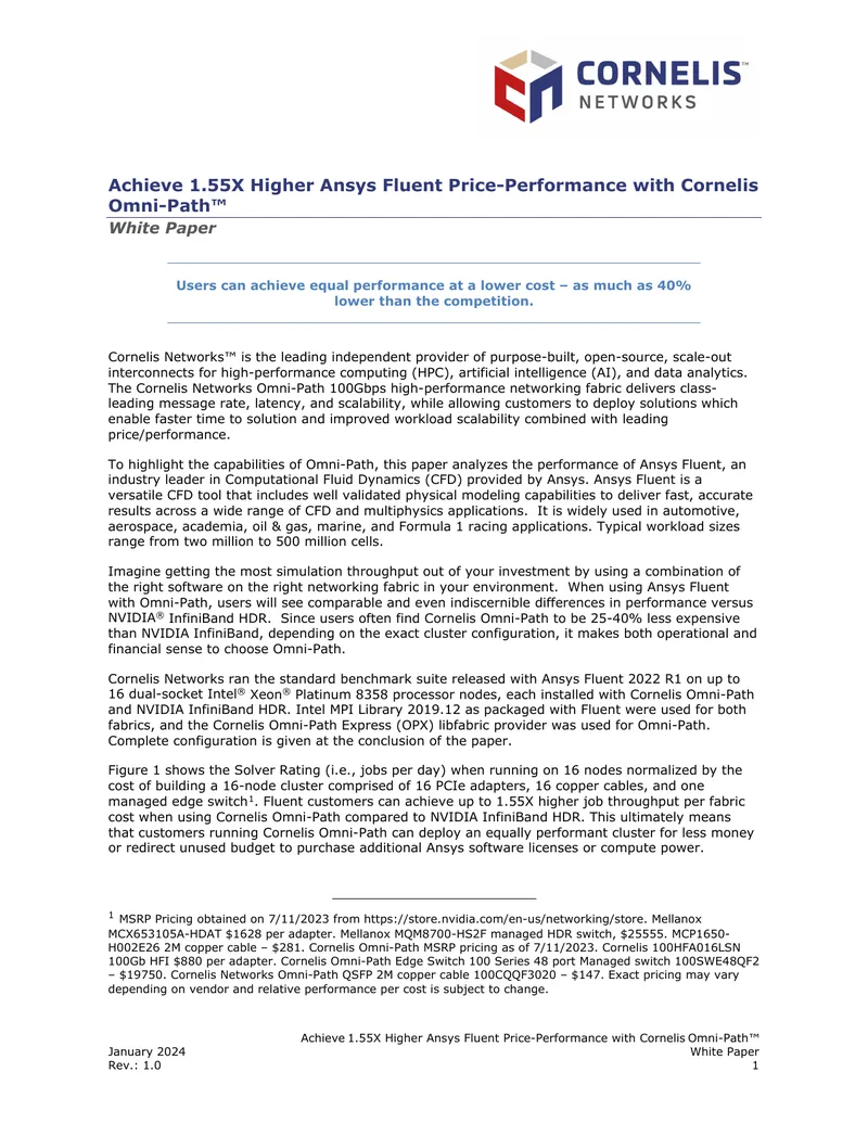 Ansys Fluent Performance Analysis with Cornelis Omni-Path