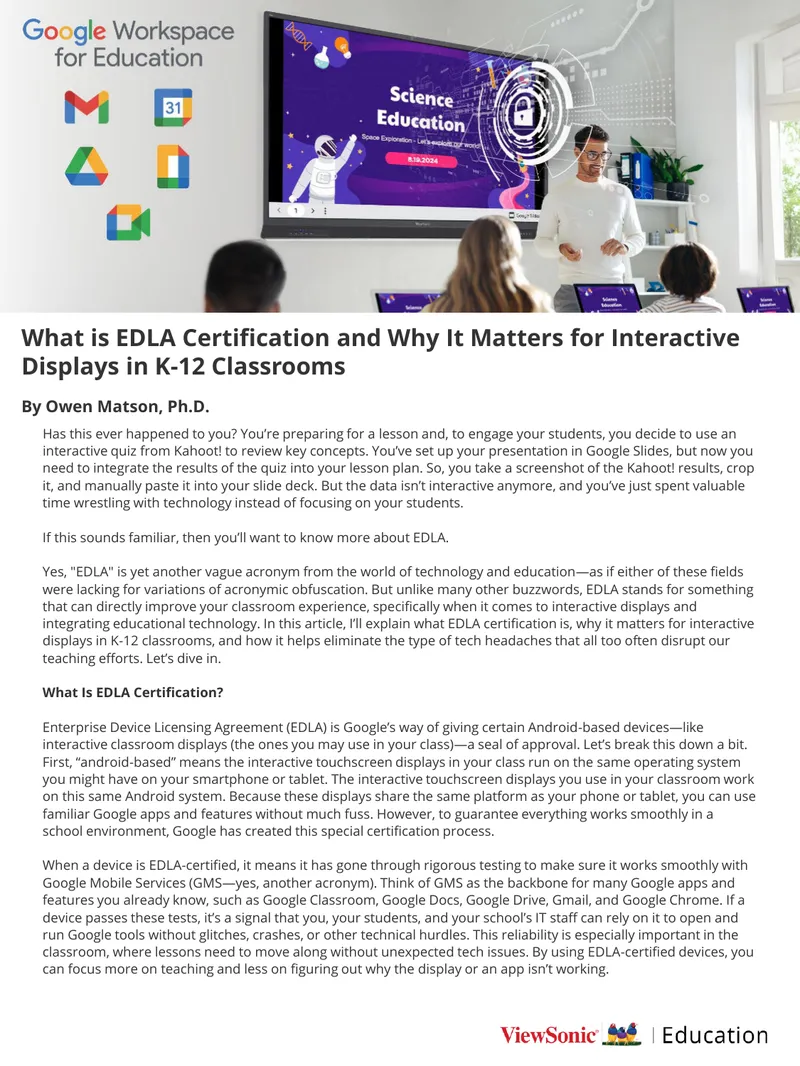 EDLA Certification for Interactive Displays in K-12 Classrooms