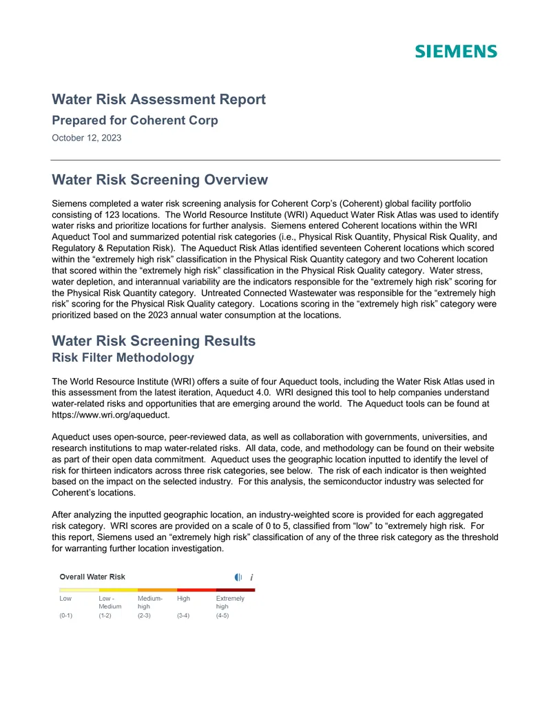 Water Risk Assessment Report for Coherent Corp