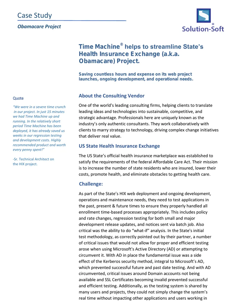Time Machine Solution for Health Insurance Exchange Project