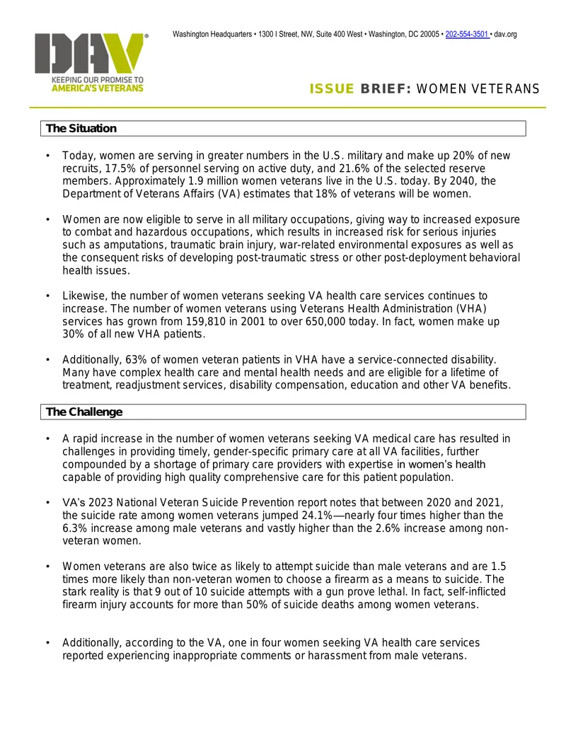 Women Veterans Health Care and Support Challenges