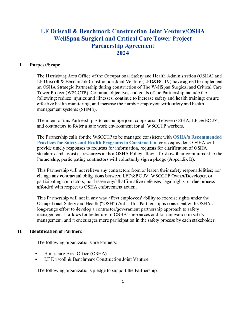 OSHA Partnership Agreement for WellSpan Surgical Tower Project