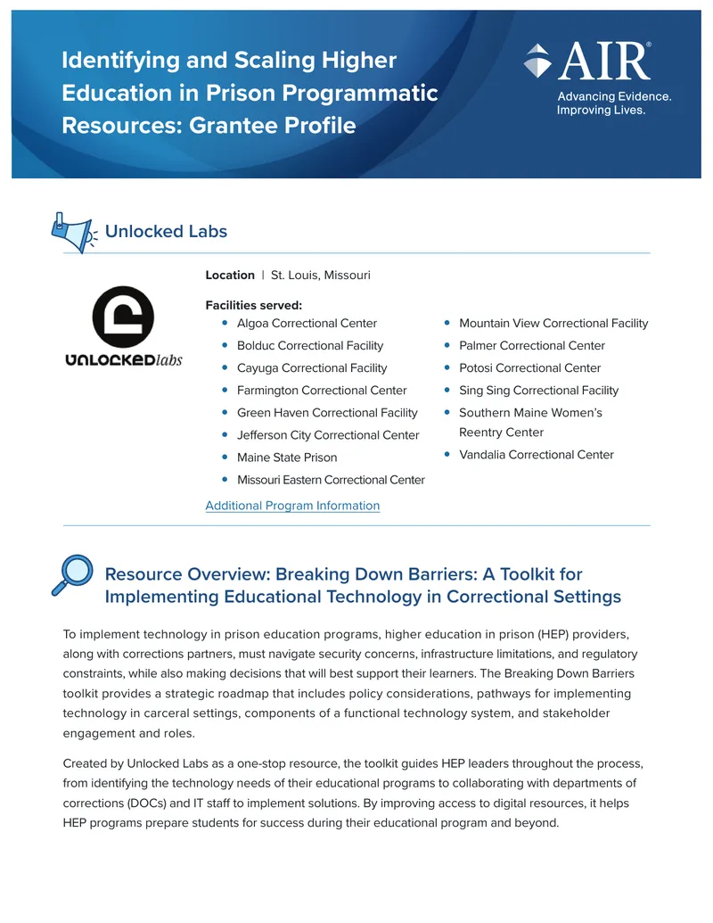 Identifying and Scaling Higher Education in Prison Programmatic Resources