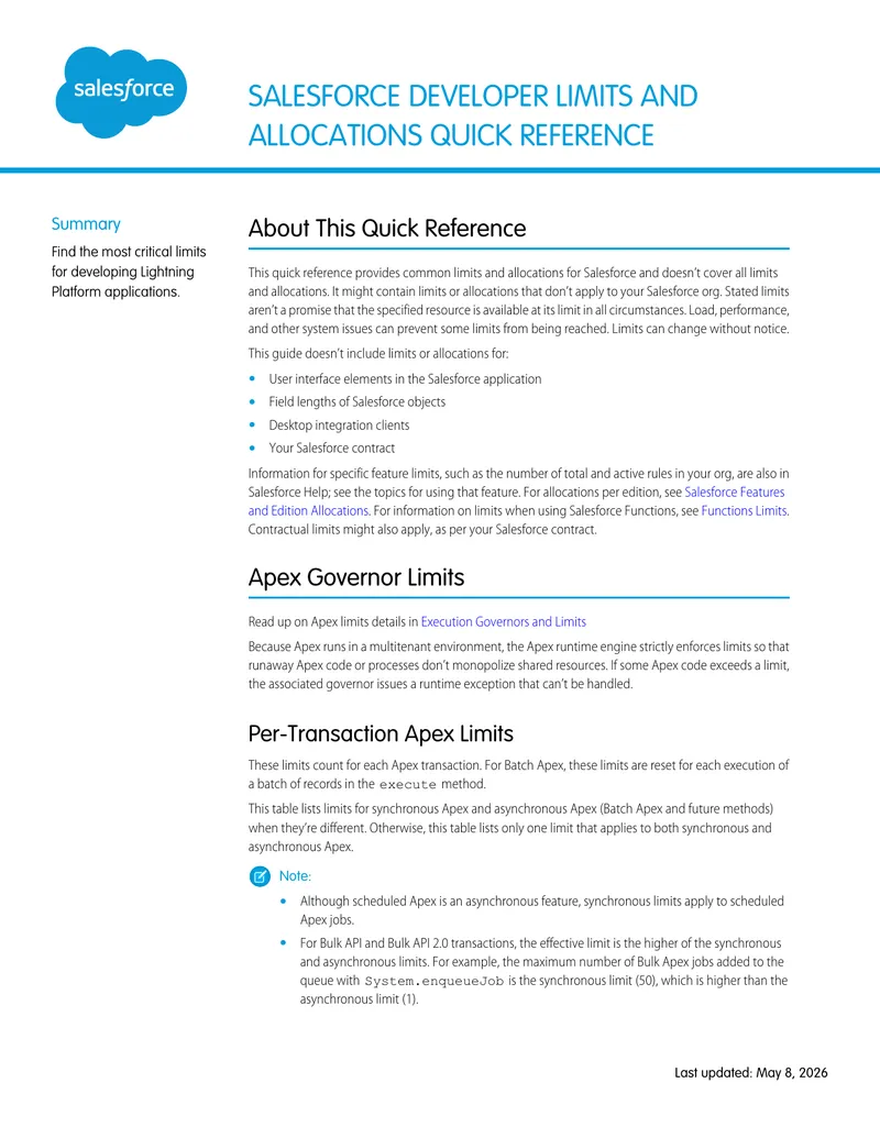 Salesforce Developer Limits and Allocations Quick Reference