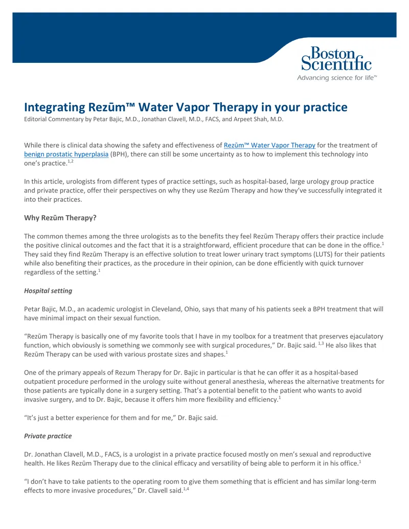 Integrating Rezūm Water Vapor Therapy in Urology Practices