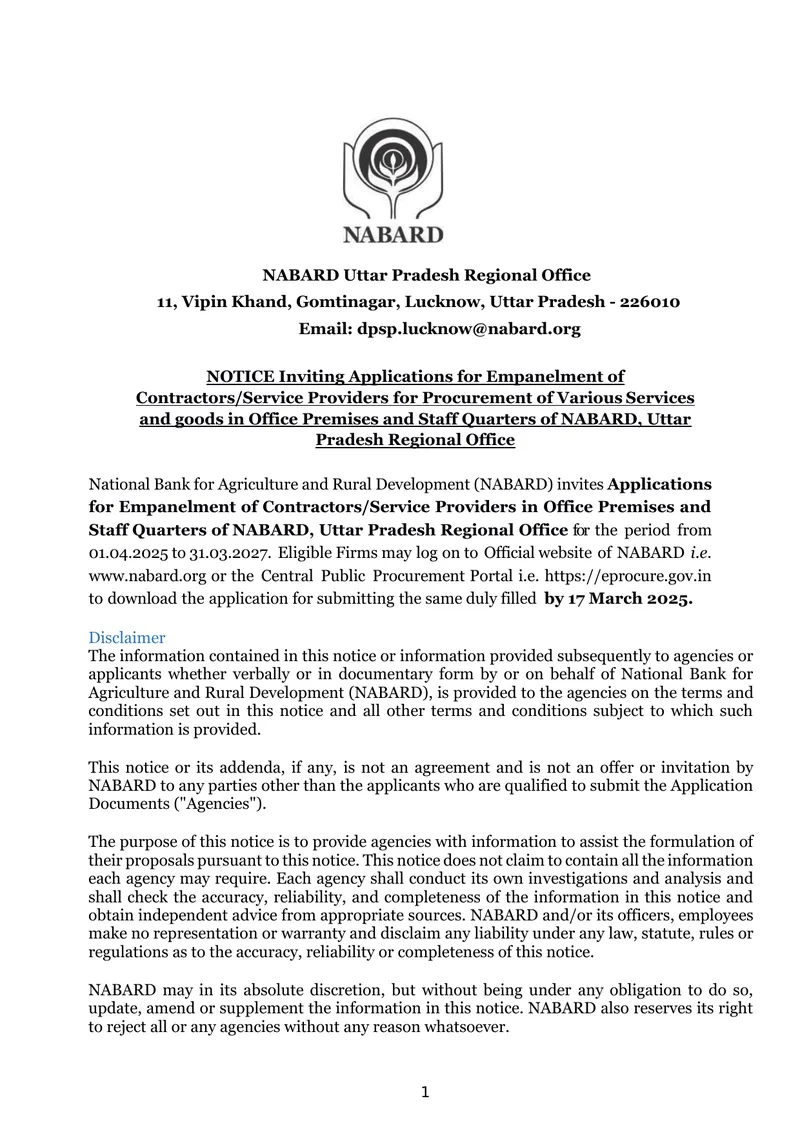 Empanelment Notice for Contractors and Service Providers