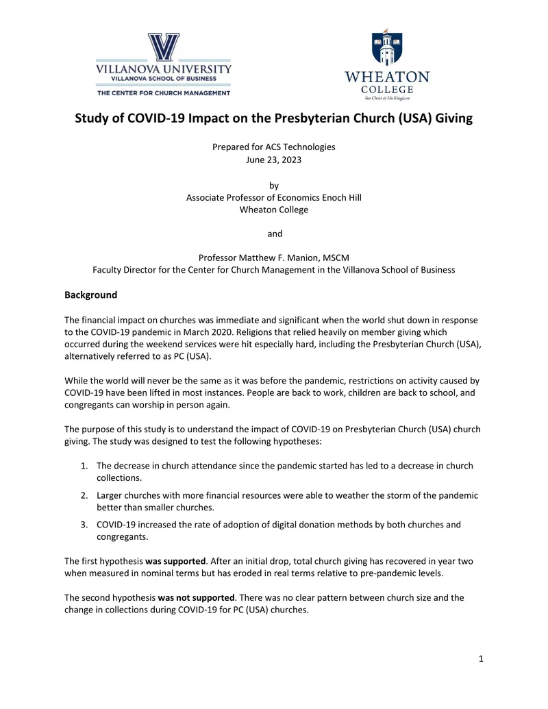 Study of COVID-19 Impact on Presbyterian Church Giving