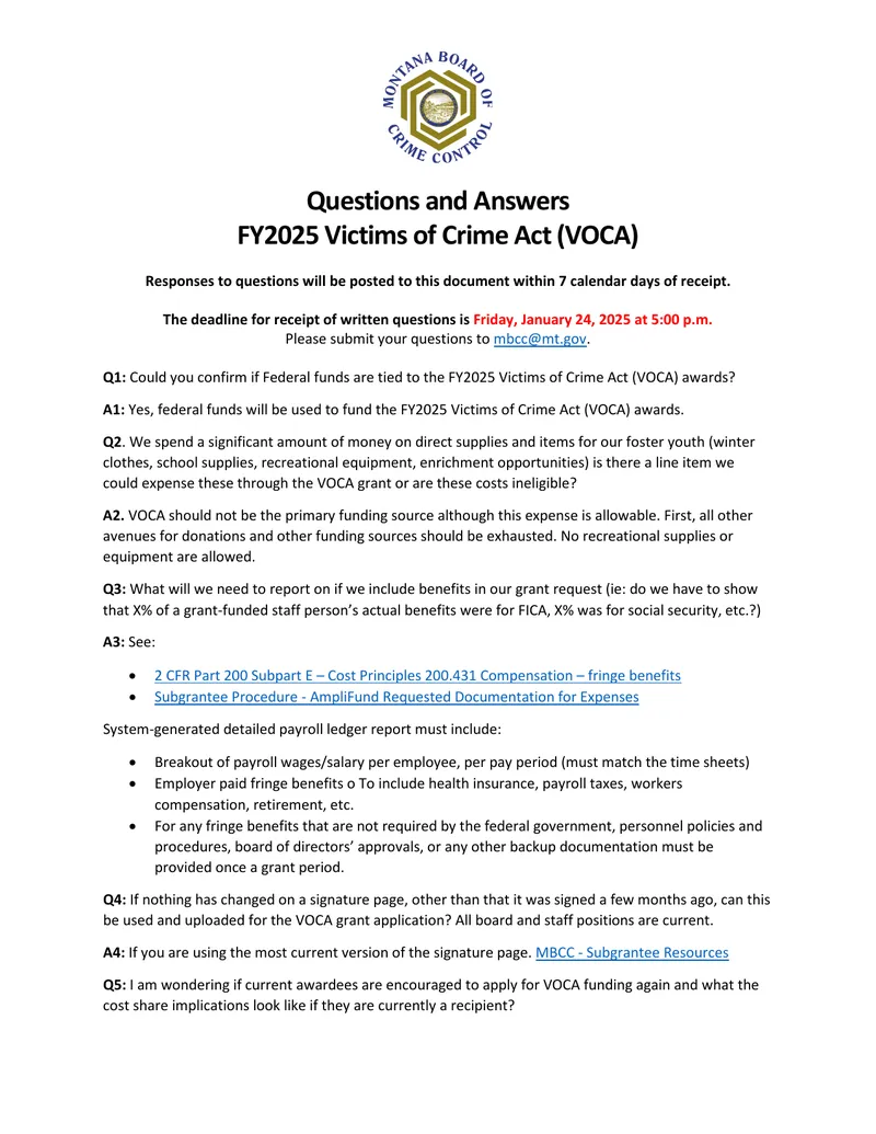 FY2025 Victims of Crime Act (VOCA) Q&A Document