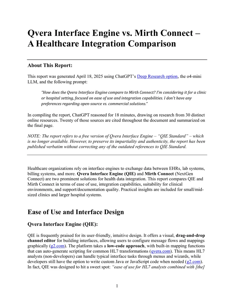 Qvera Interface Engine and Mirth Connect Comparison Report