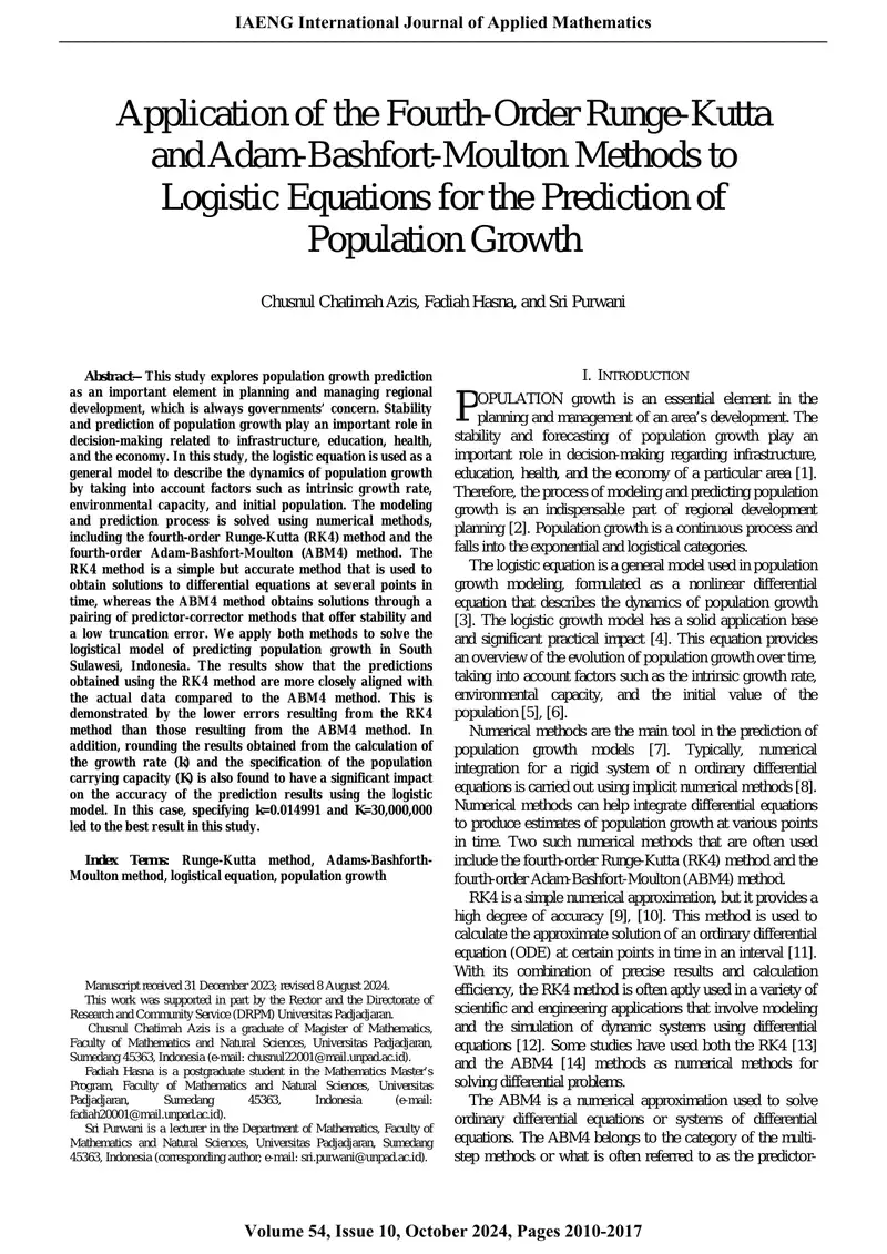 Application of Runge-Kutta and Adam-Bashforth-Moulton Methods for Population Growth Prediction preview page 1