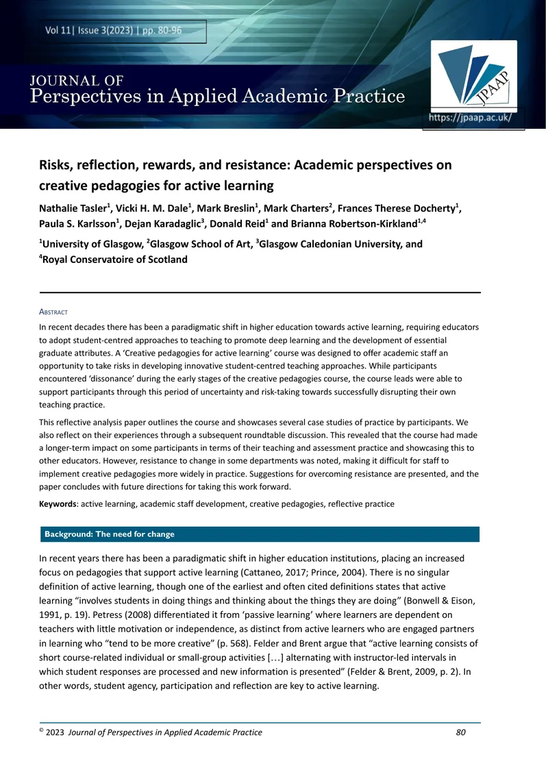 Creative Pedagogies for Active Learning Course Analysis