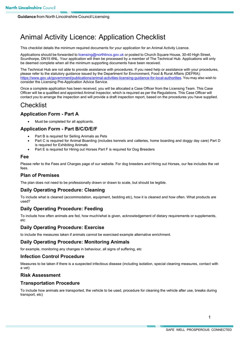 Animal Activity Licence Application Checklist