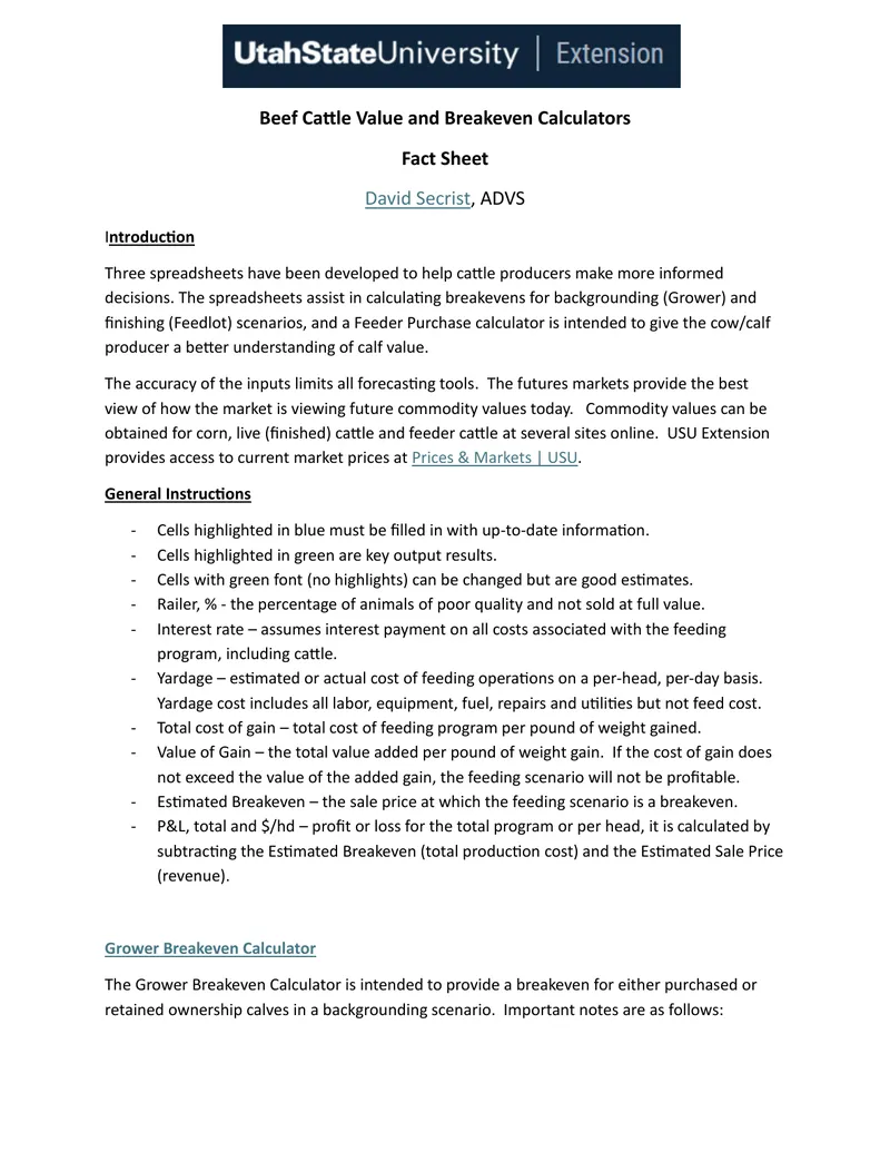 Beef Cattle Value and Breakeven Calculators Fact Sheet