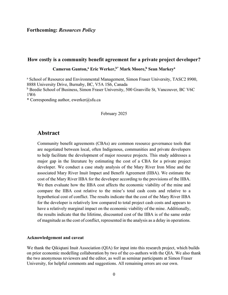 Cost Analysis of Community Benefit Agreements for Developers
