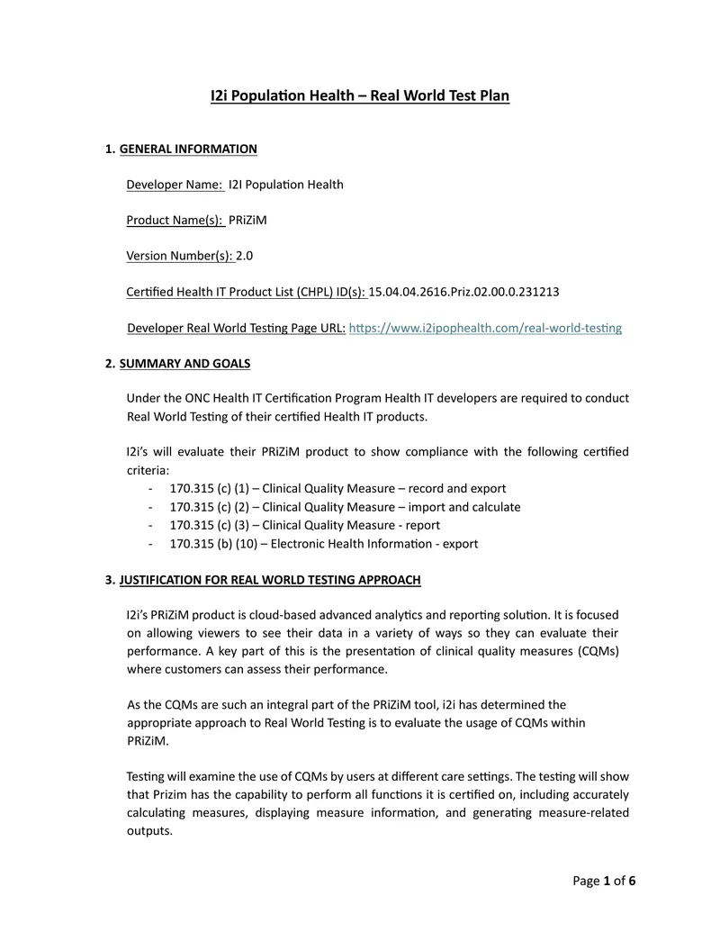 I2i Population Health Real World Testing Plan