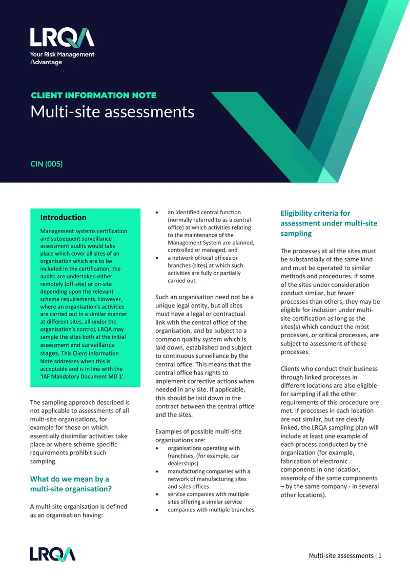 Multi-site Organisation Assessment Guidelines