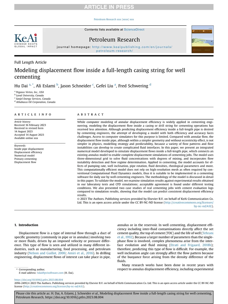 Modeling Displacement Flow in Full-Length Casing for Cementing