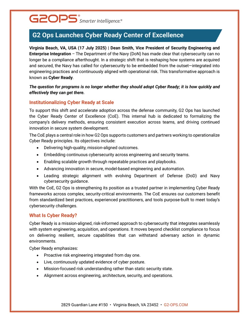 G2 Ops Cyber Ready Center of Excellence Overview