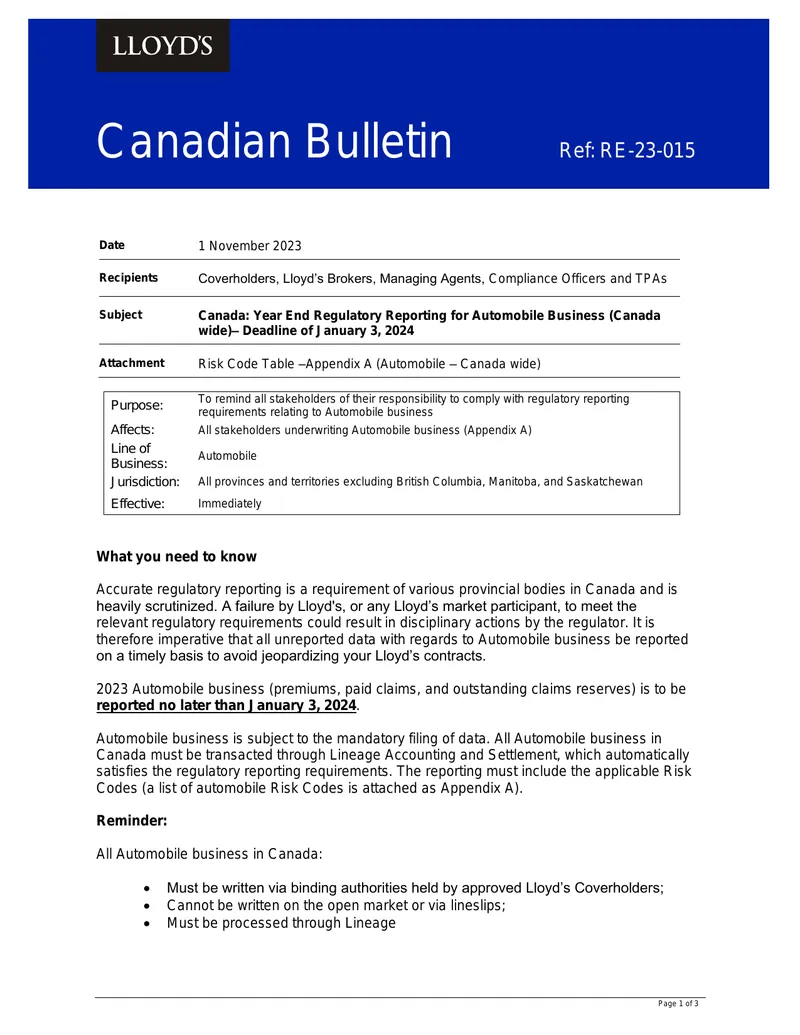 Canada Year End Regulatory Reporting for Automobile Business