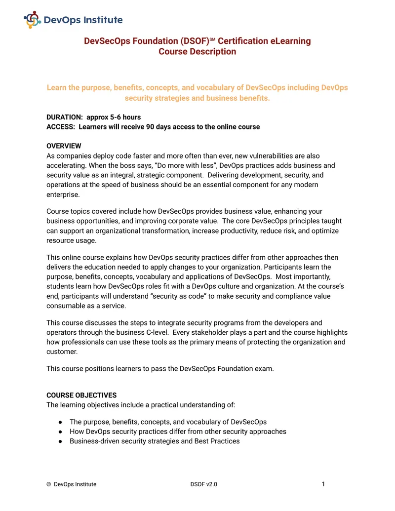 DevSecOps Foundation Certification eLearning Course Description