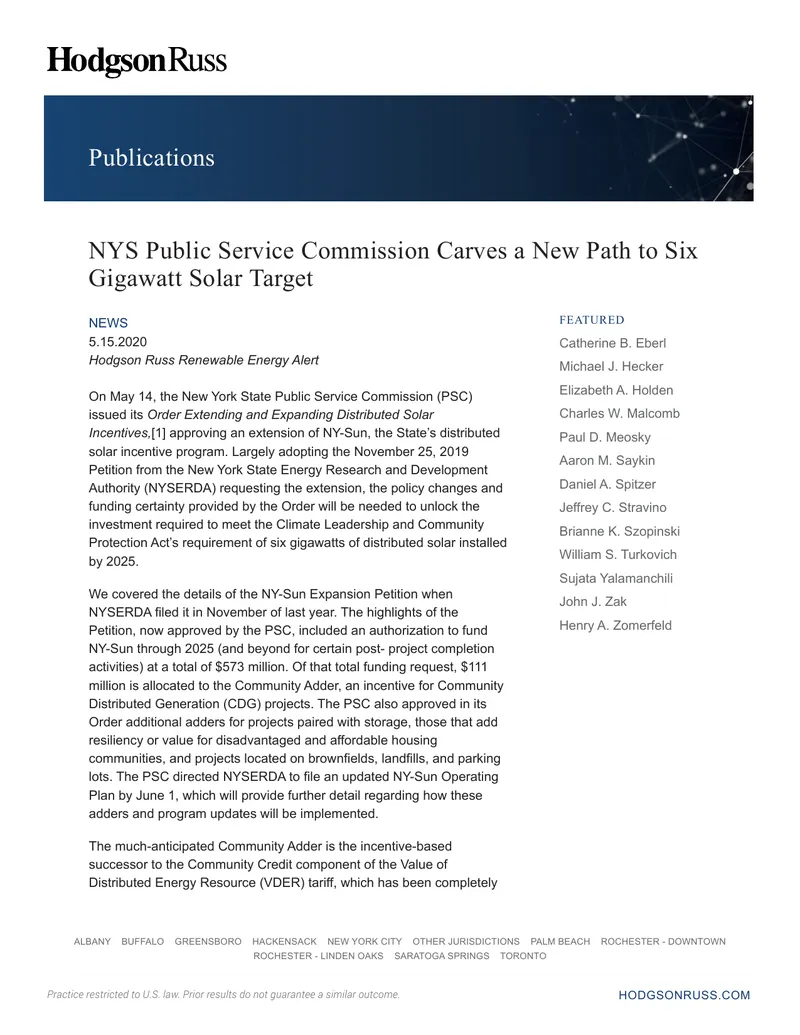 New York State Public Service Commission Solar Incentive Expansion
