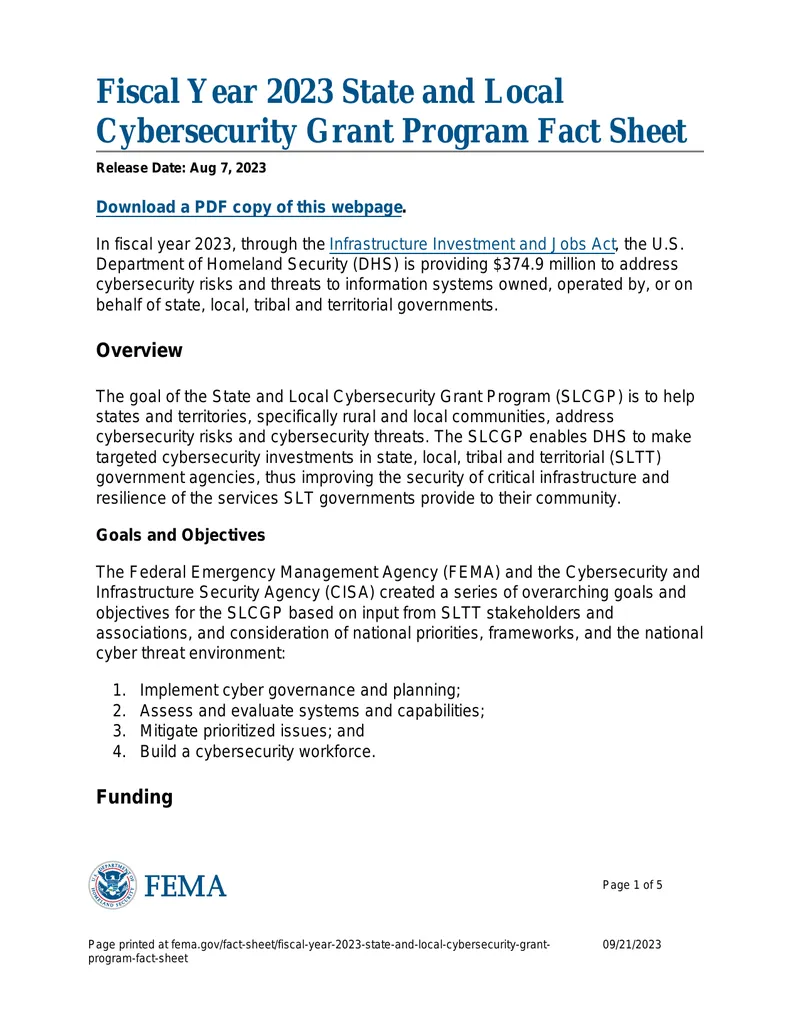 Fiscal Year 2023 State and Local Cybersecurity Grant Program Fact Sheet