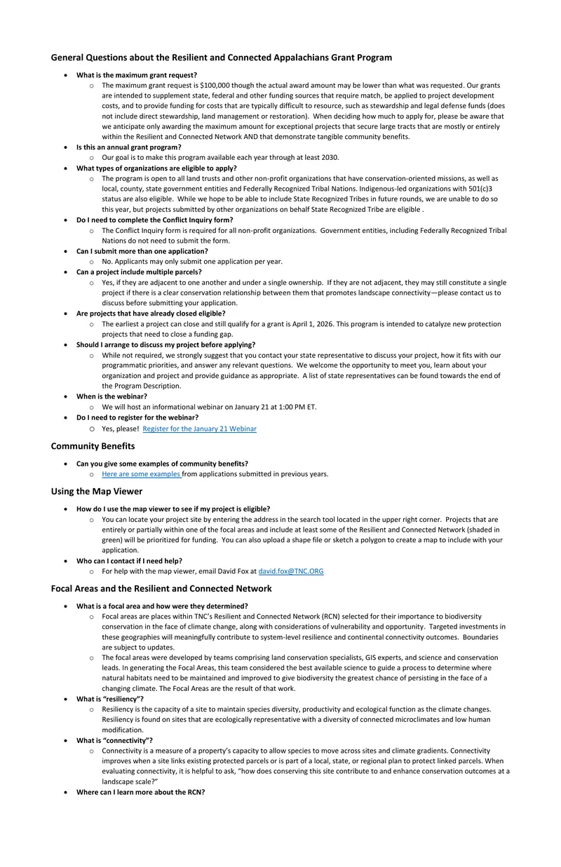 General Questions about the Resilient and Connected Appalachians Grant Program preview page 1