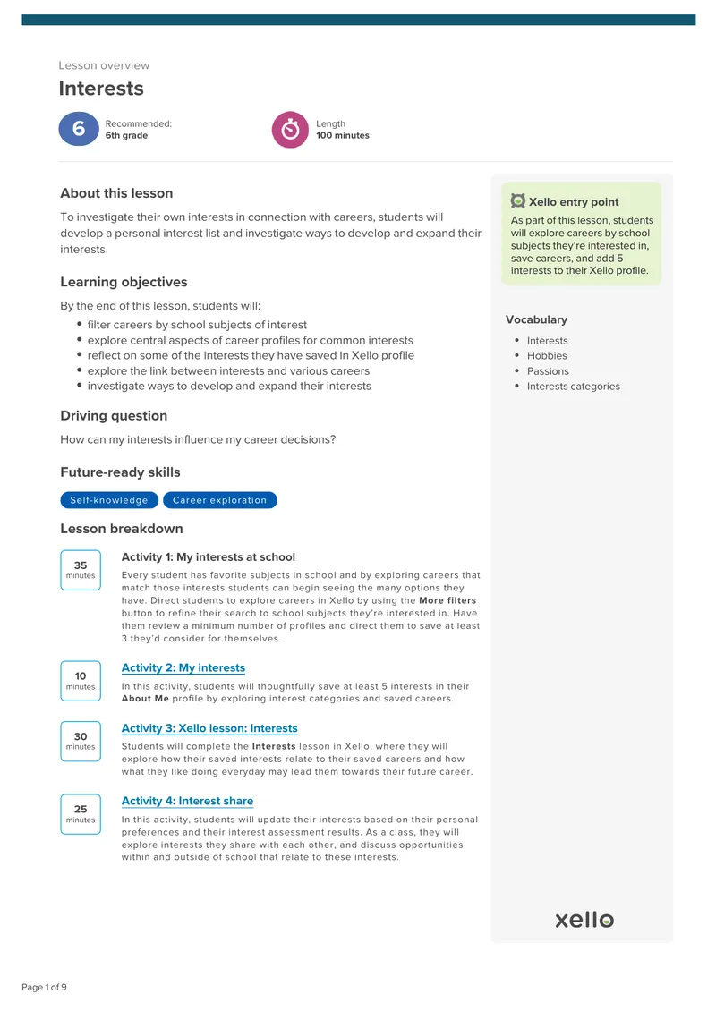 Career Exploration and Interest Development Lesson Plan