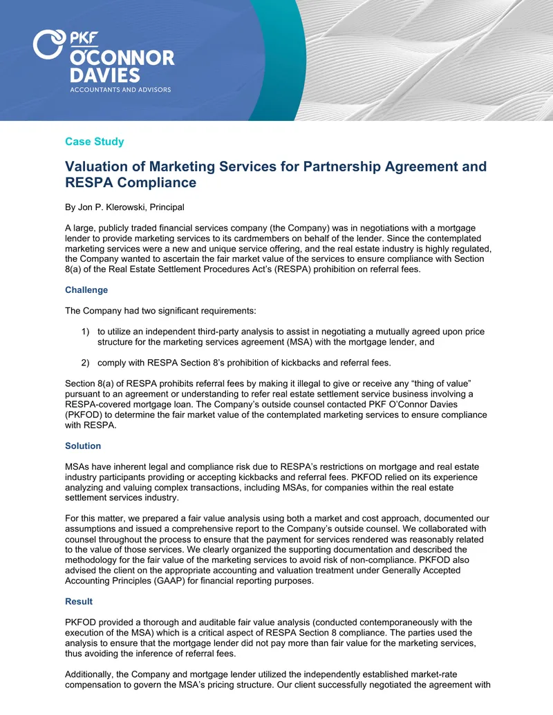 Valuation of Marketing Services for RESPA Compliance