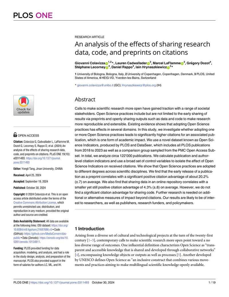 Analysis of Open Science Practices and Citation Impact
