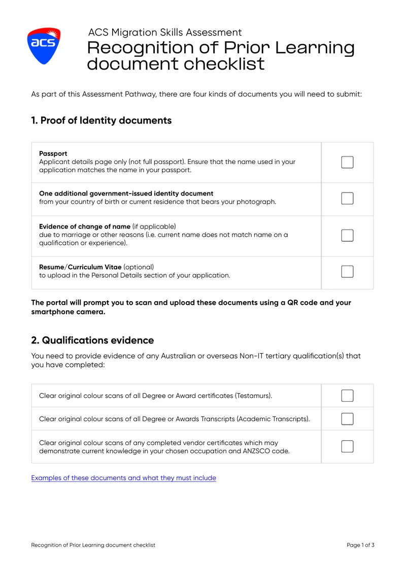Recognition of Prior Learning Document Checklist