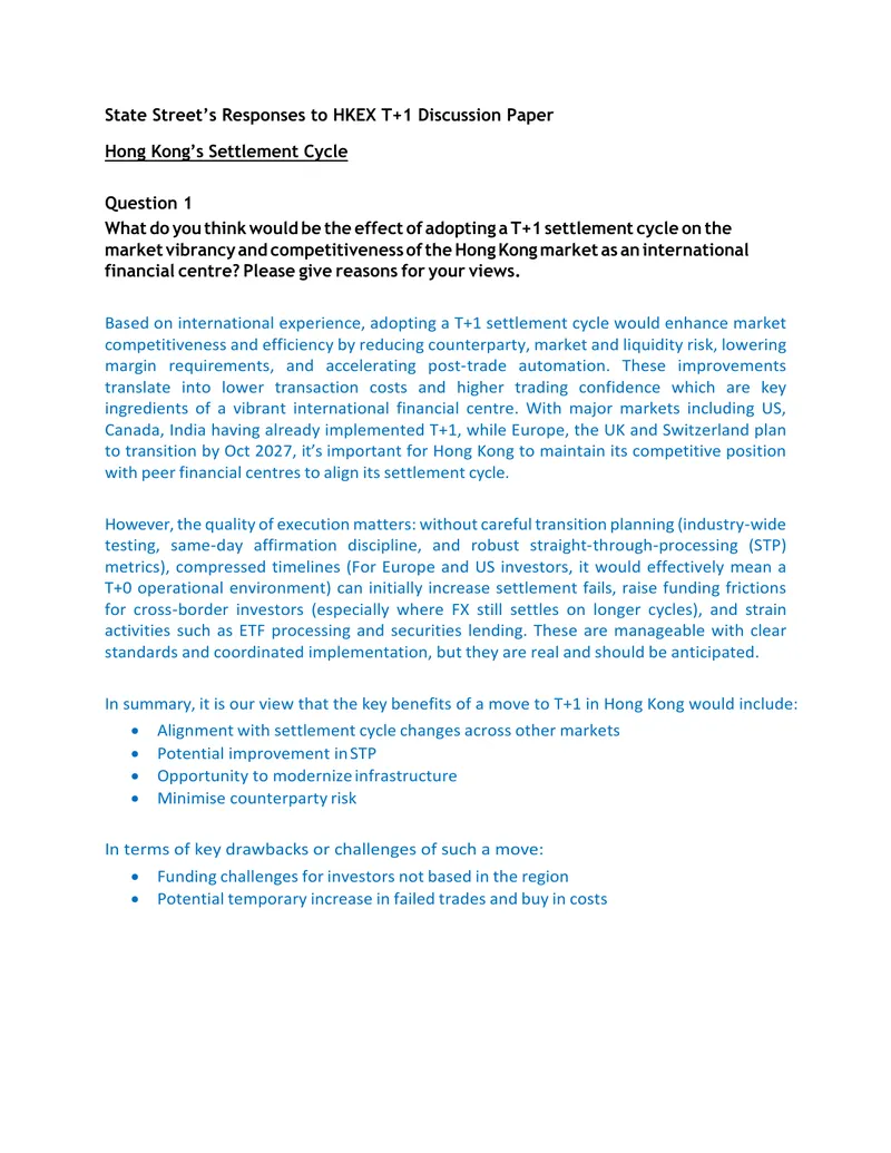State Street's Responses to HKEX T+1 Discussion Paper