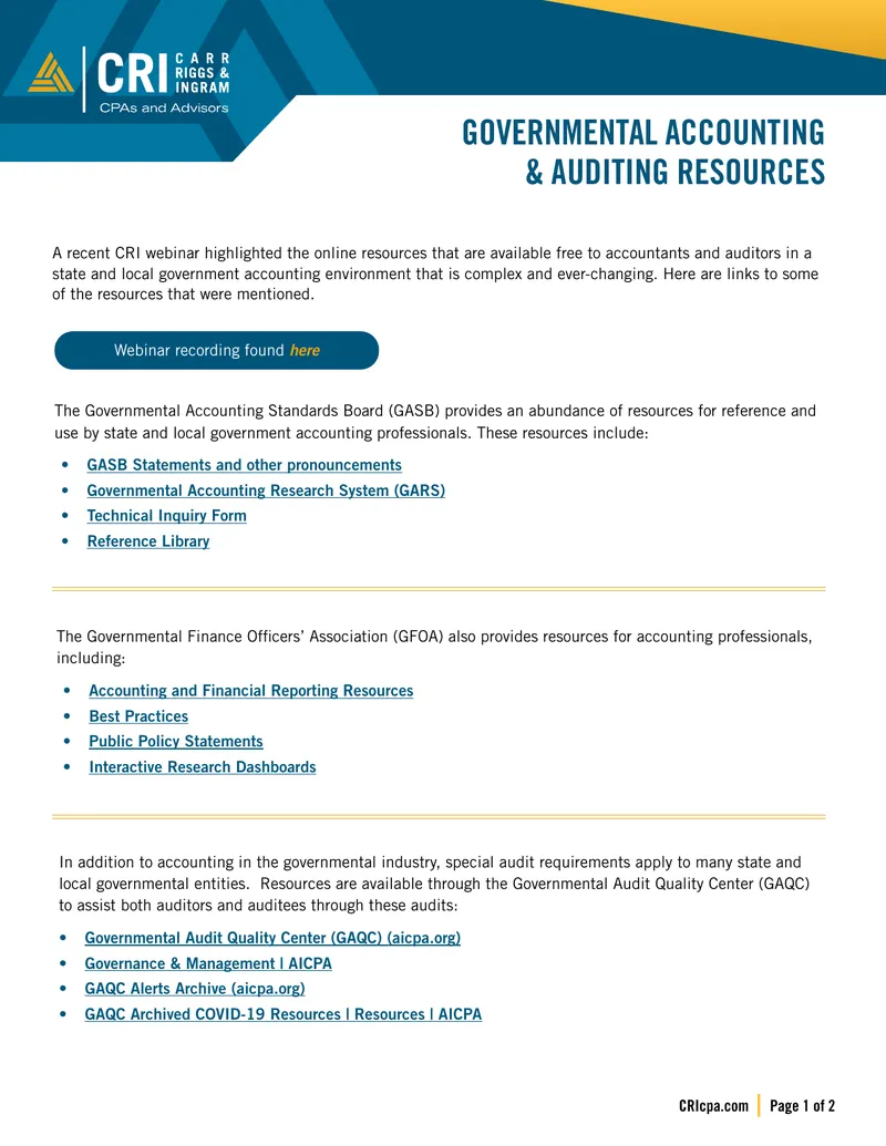 Governmental Accounting and Auditing Resources Overview