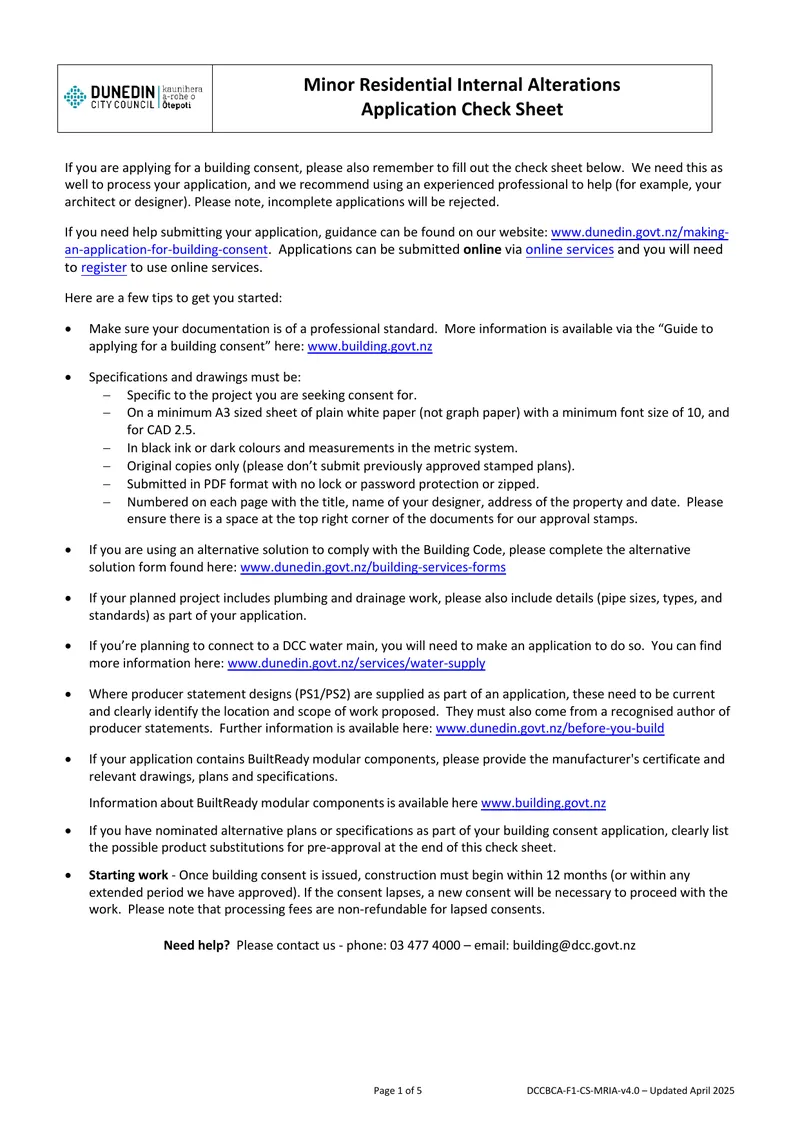 Minor Residential Internal Alterations Application Check Sheet