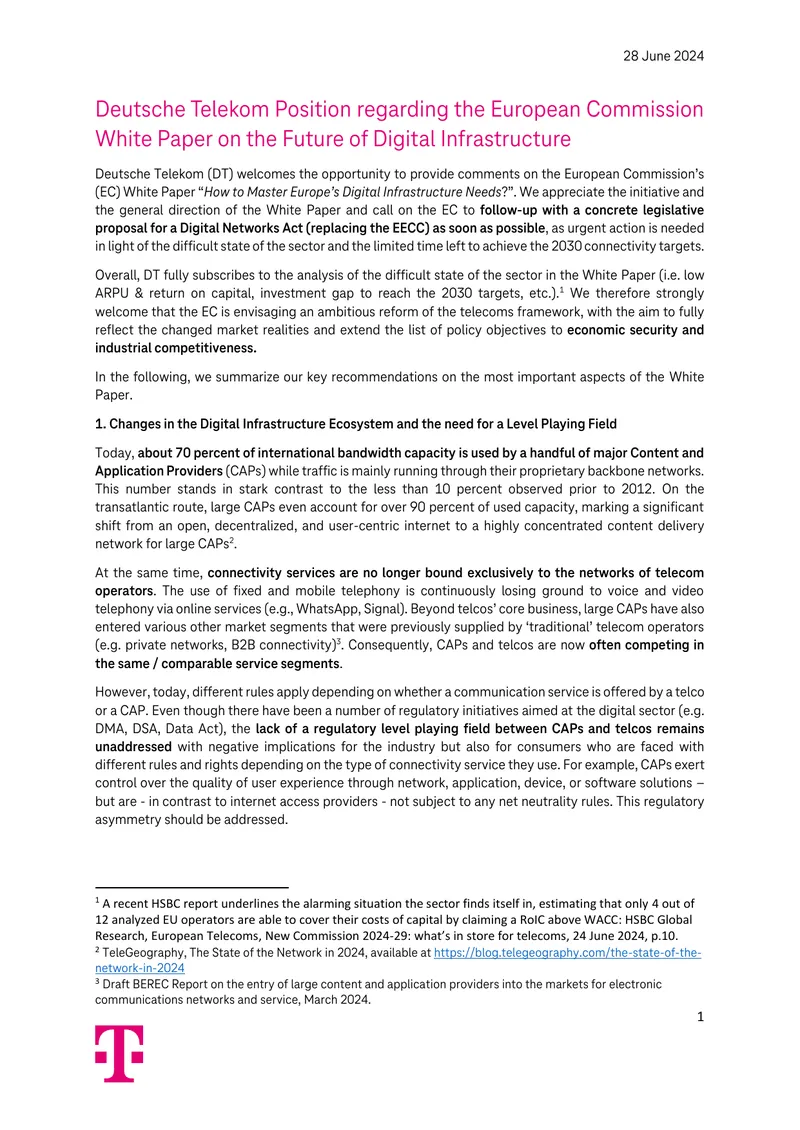 Deutsche Telekom Position on Digital Infrastructure White Paper