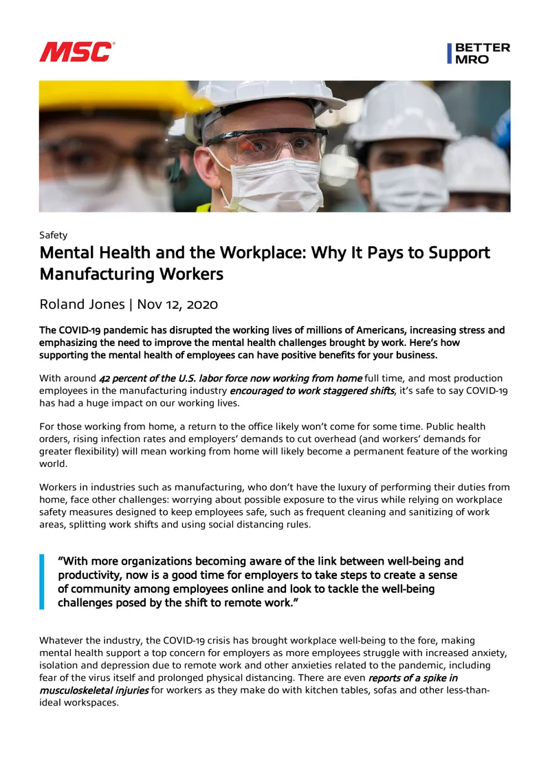 Mental Health Support for Manufacturing Workers During COVID-19