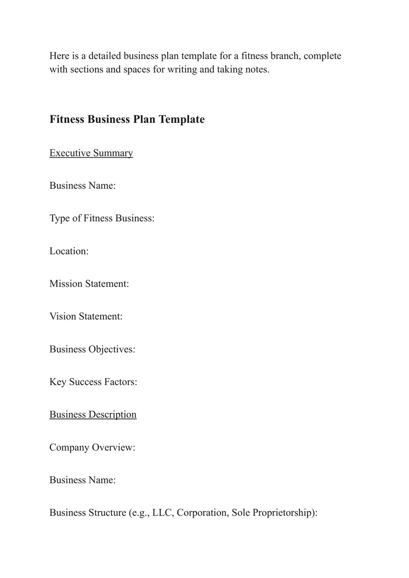 Fitness Business Plan Template Features