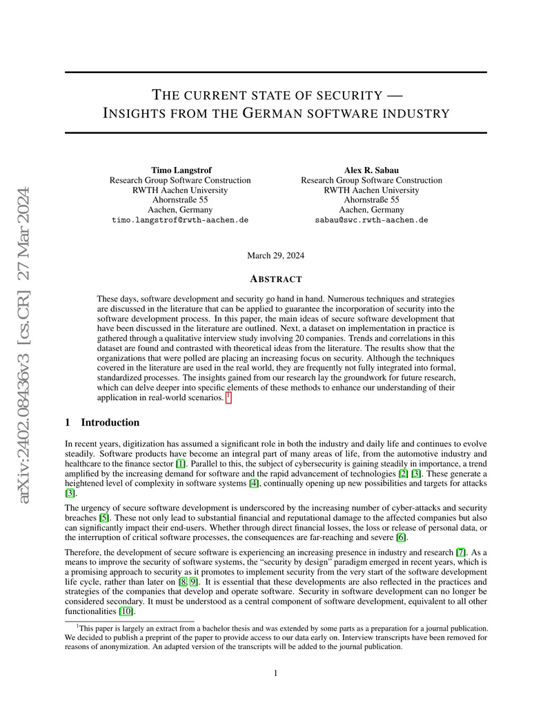 Current State of Security in Software Development