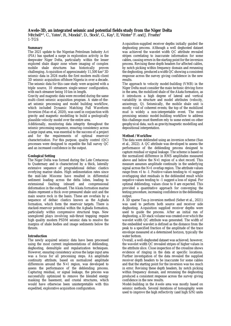 Awele-3D Seismic Study in the Niger Delta