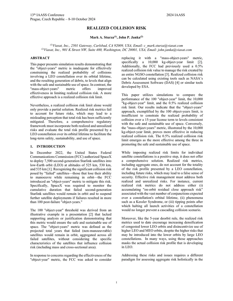 Realized Collision Risk Assessment for LEO Satellites
