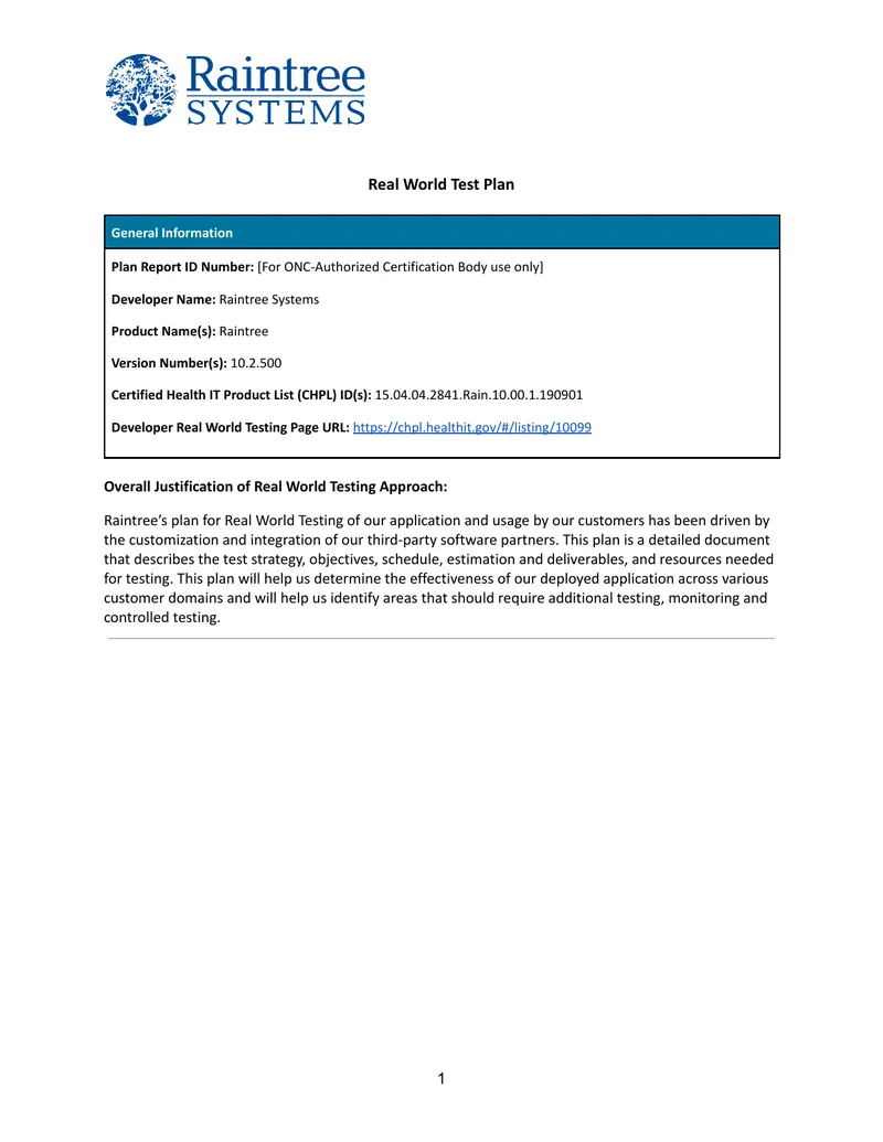 Real World Testing Plan for Raintree Systems