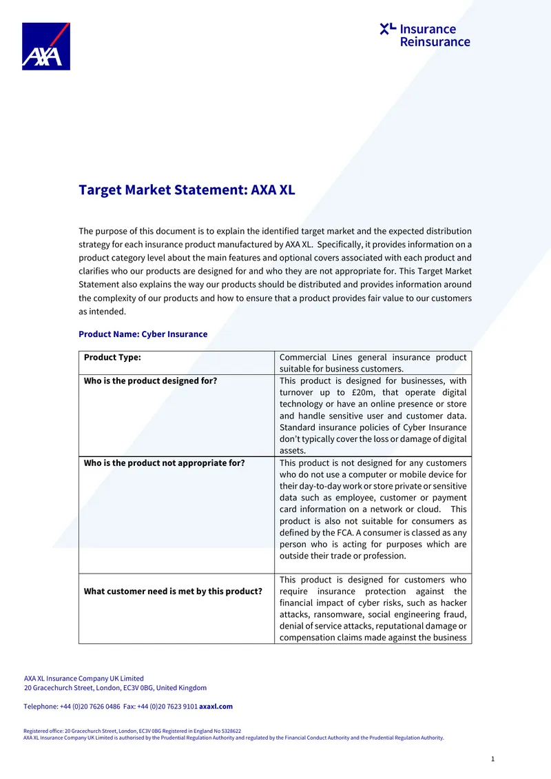 AXA XL Cyber Insurance Target Market Statement