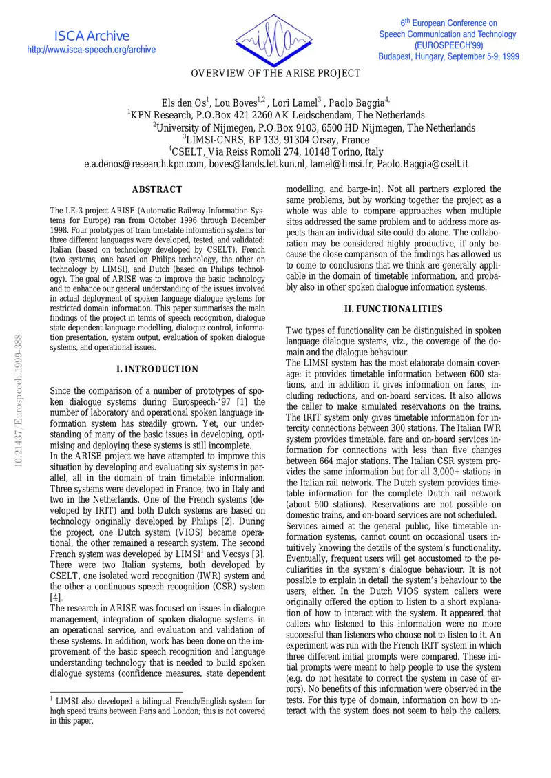 Summary of the ARISE Project Findings