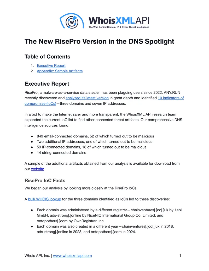 Analysis of RisePro Malware Indicators and Artifacts