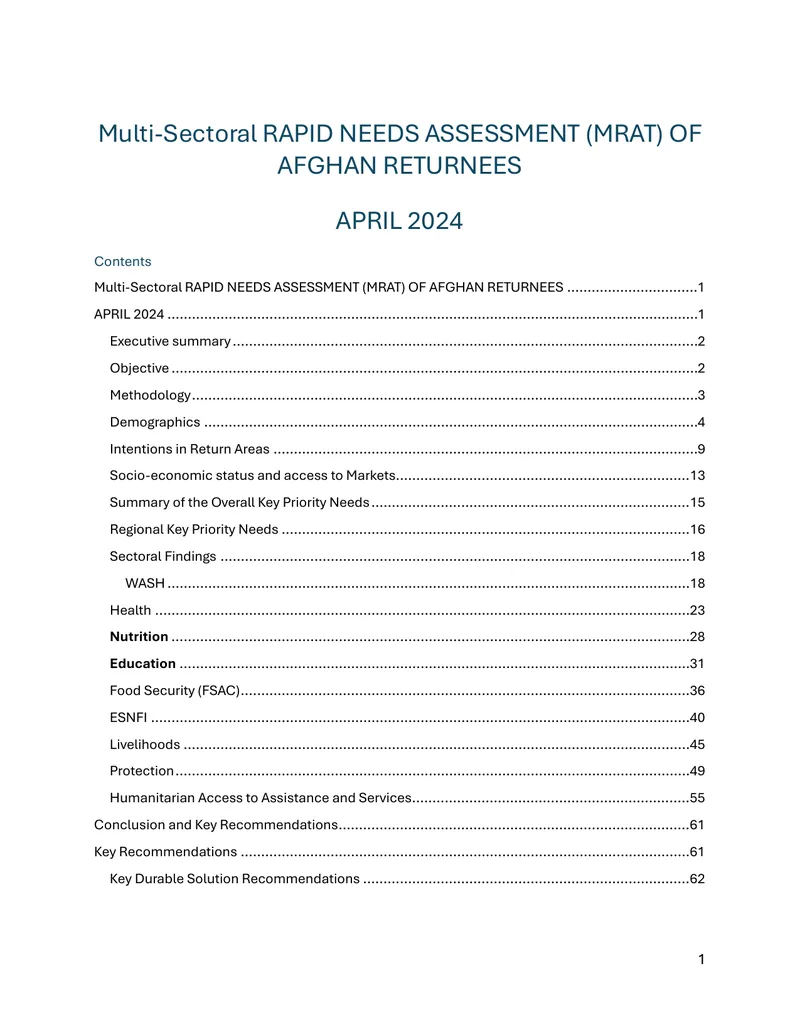Multi-Sectoral Rapid Needs Assessment of Afghan Returnees
