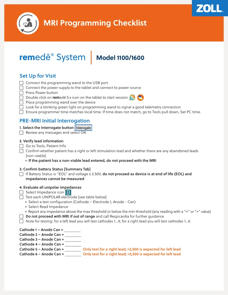 MRI Programming Checklist for remedē System