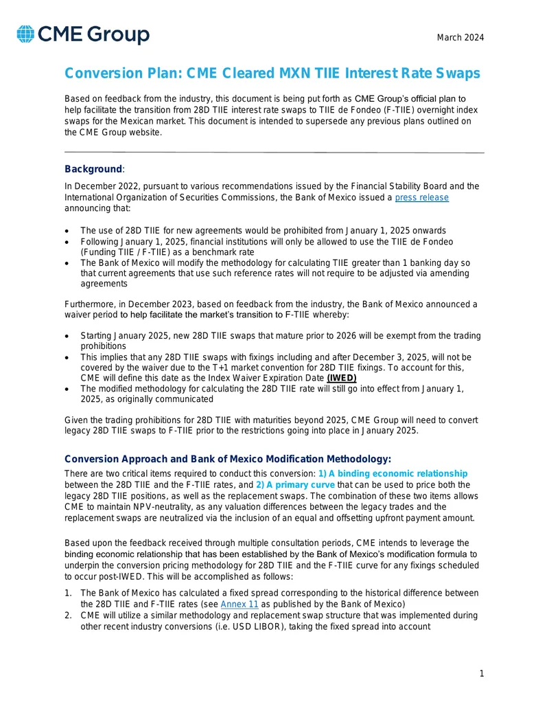 CME Group Conversion Plan for TIIE Interest Rate Swaps